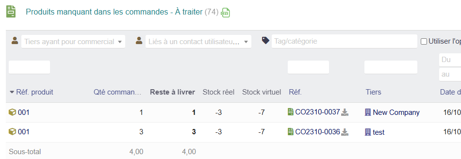 Dolibarr module produits manquants dans les commandes